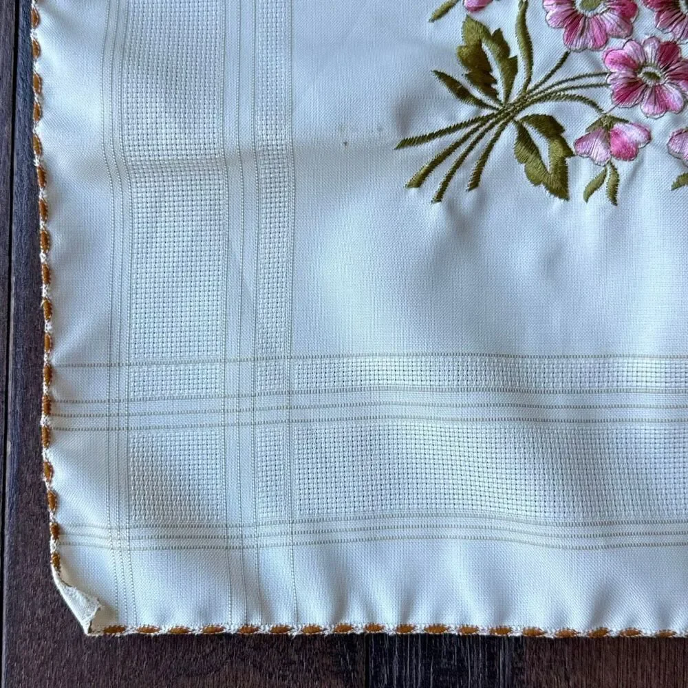 Vintage handmade napkin handkerchief cream‎ with embroidered pink flowers shabby